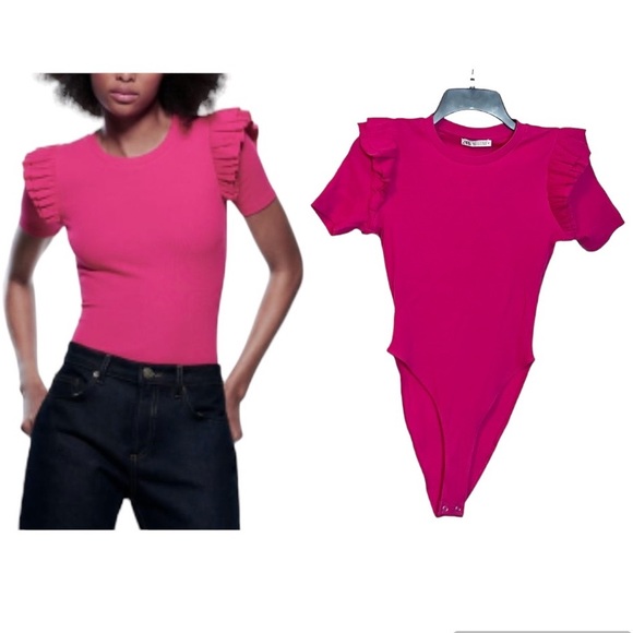 Zara Ribbed Ruffle Sleeve Pink Bodysuit size Medium - Picture 1 of 12
